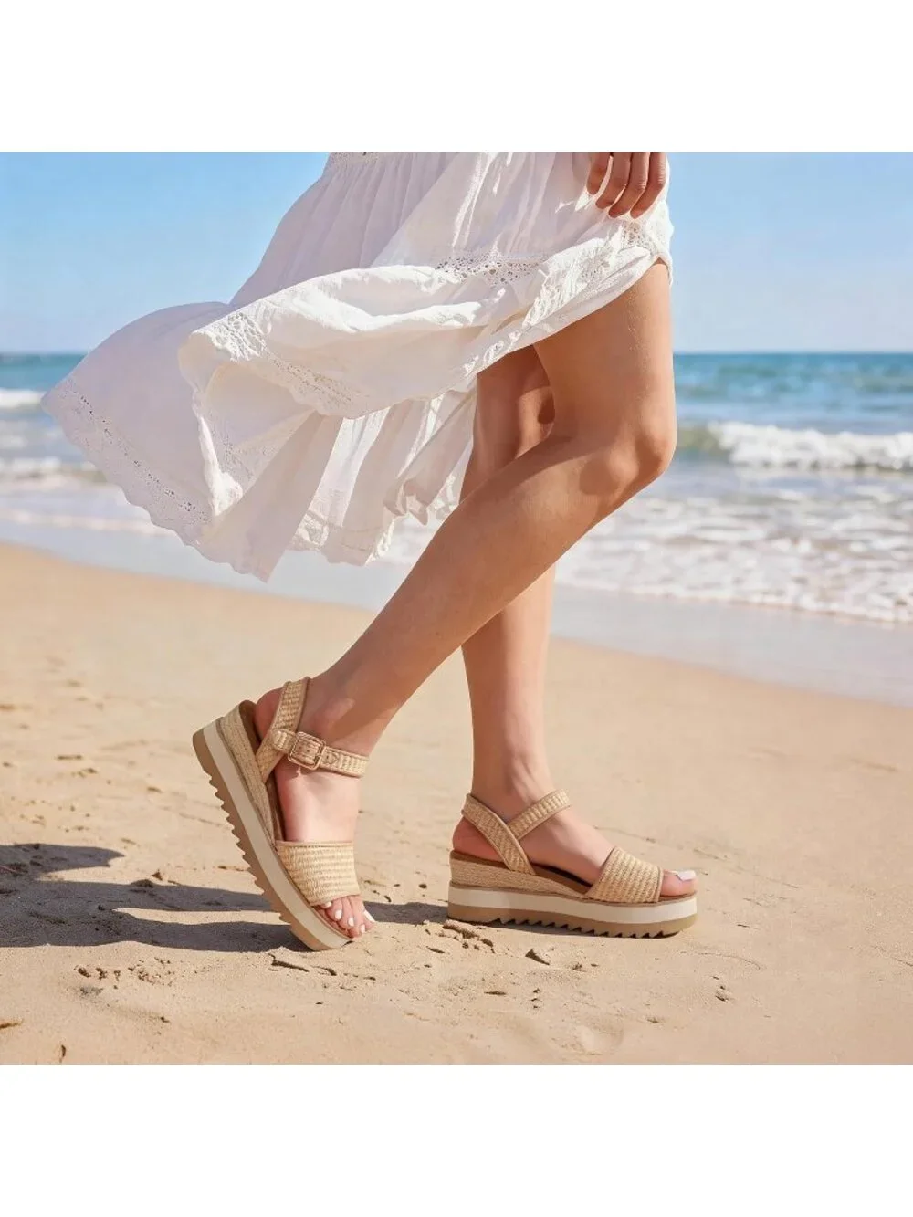 Women's Platform Wedge Sandals Ankle Strap Raffia Open Toe Comfortable Shoes - Picture 3 of 6